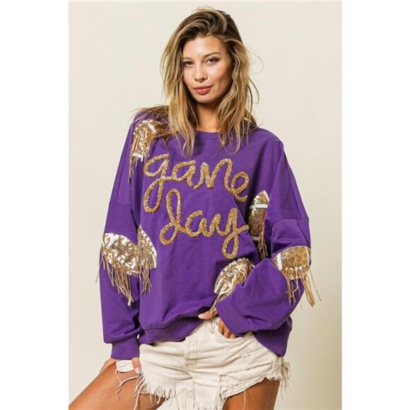 BiBi Sequin Football Patches Game Day Sweatshirt - Picture 1 of 7